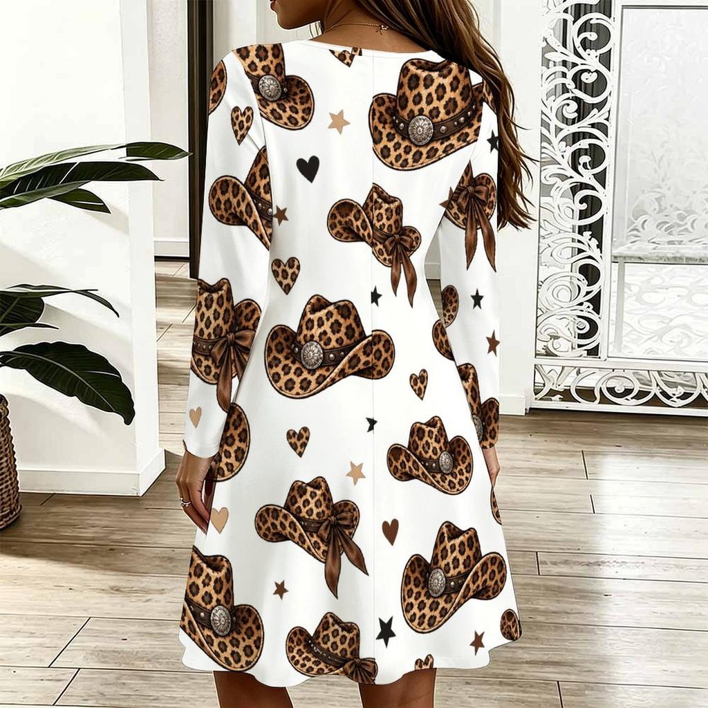 Women Plus Size Long Sleeve Scallop Neck Printed White Dress