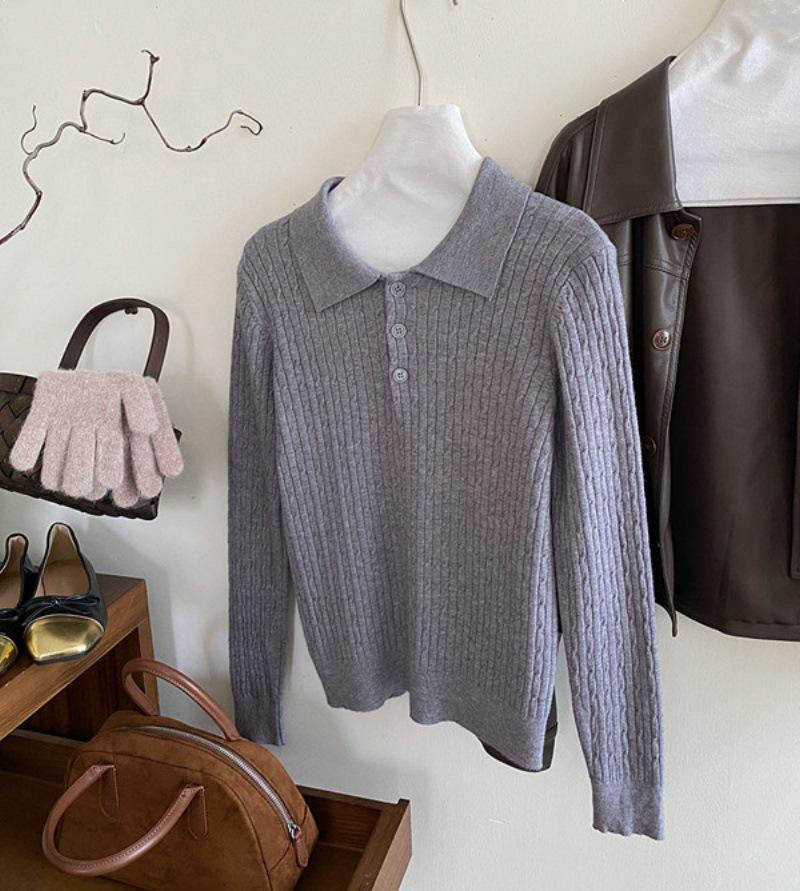 Polo Collar Long-sleeved Embroidered Twist Knitted Sweater for Women 1116 Autumn Soft Waxy Casual Foreign Style Bottomed Top for Women