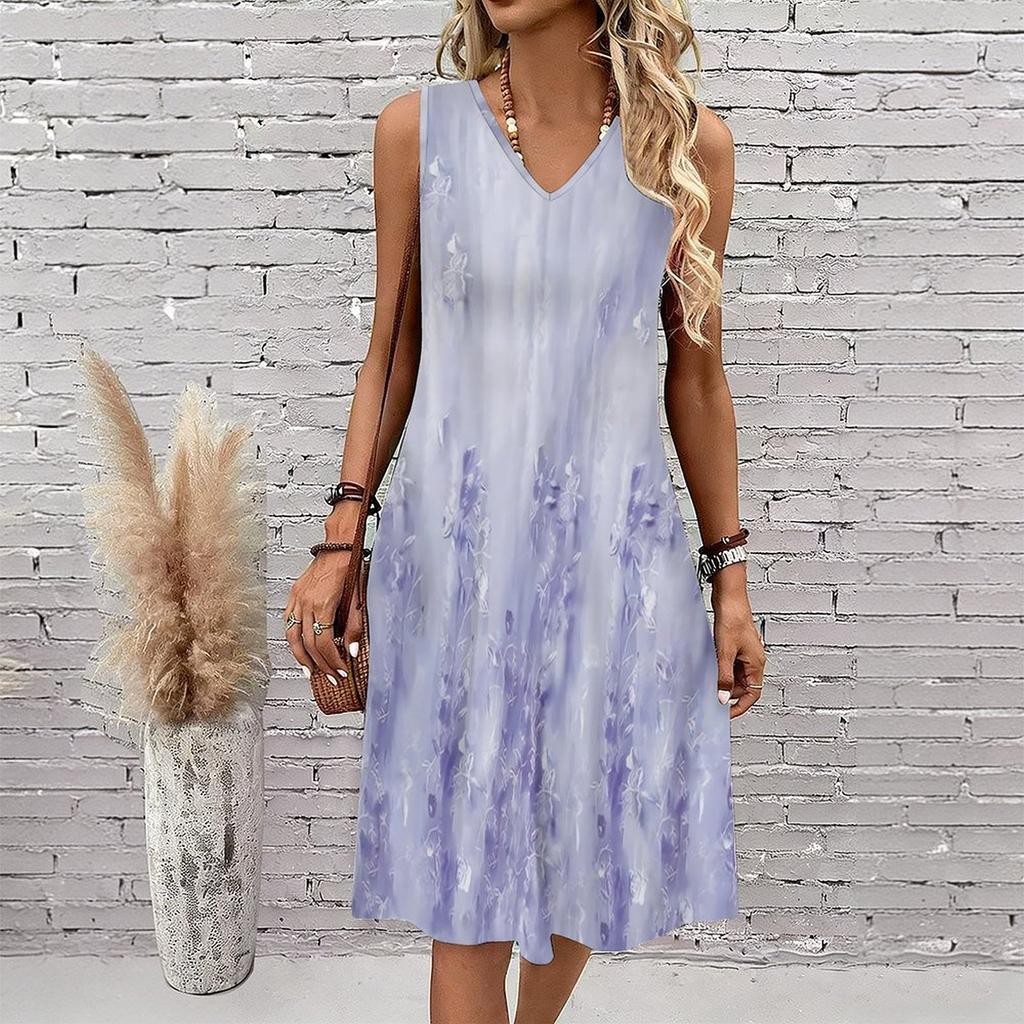 Plus Size V Neck Sleeveless Dress Green Valley Waterfall Painting Print For Country Hiking Journey