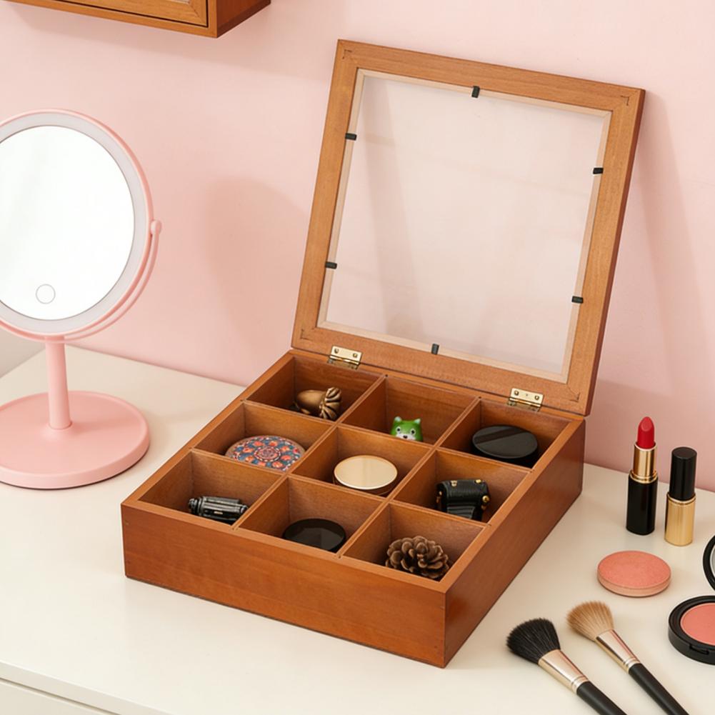Schmuckaufbewahrungsbox 9 Fächer Holz-Aufbewahrungsbox mit Acryldeckel Steinsammlung Organizer Retro Schmuck Kleine Sammlerstücke