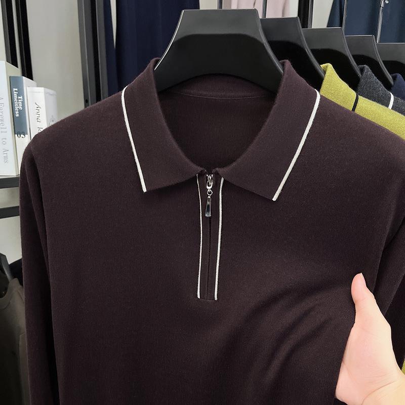 Men s Color Block Zipper Lapel Knitwear Top - Silk, Cotton, Wool Blend, Long Sleeve for Spring and Autumn L