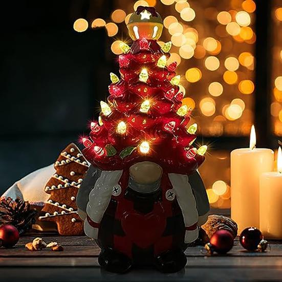 Lighted Christmas Gnome Tree Small Resin Faceless Old Man Christmas Tree Decoration for Holiday