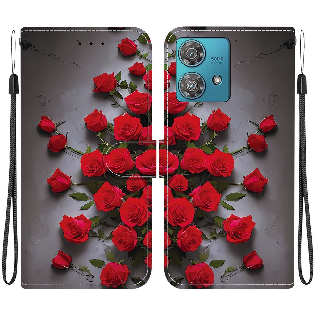 Handmade PU Leather Flip Case for Motorola Edge 40 Neo Anti-Slip Shockproof Cover with Wrist Strap & Heart/Rose Cat Designs
