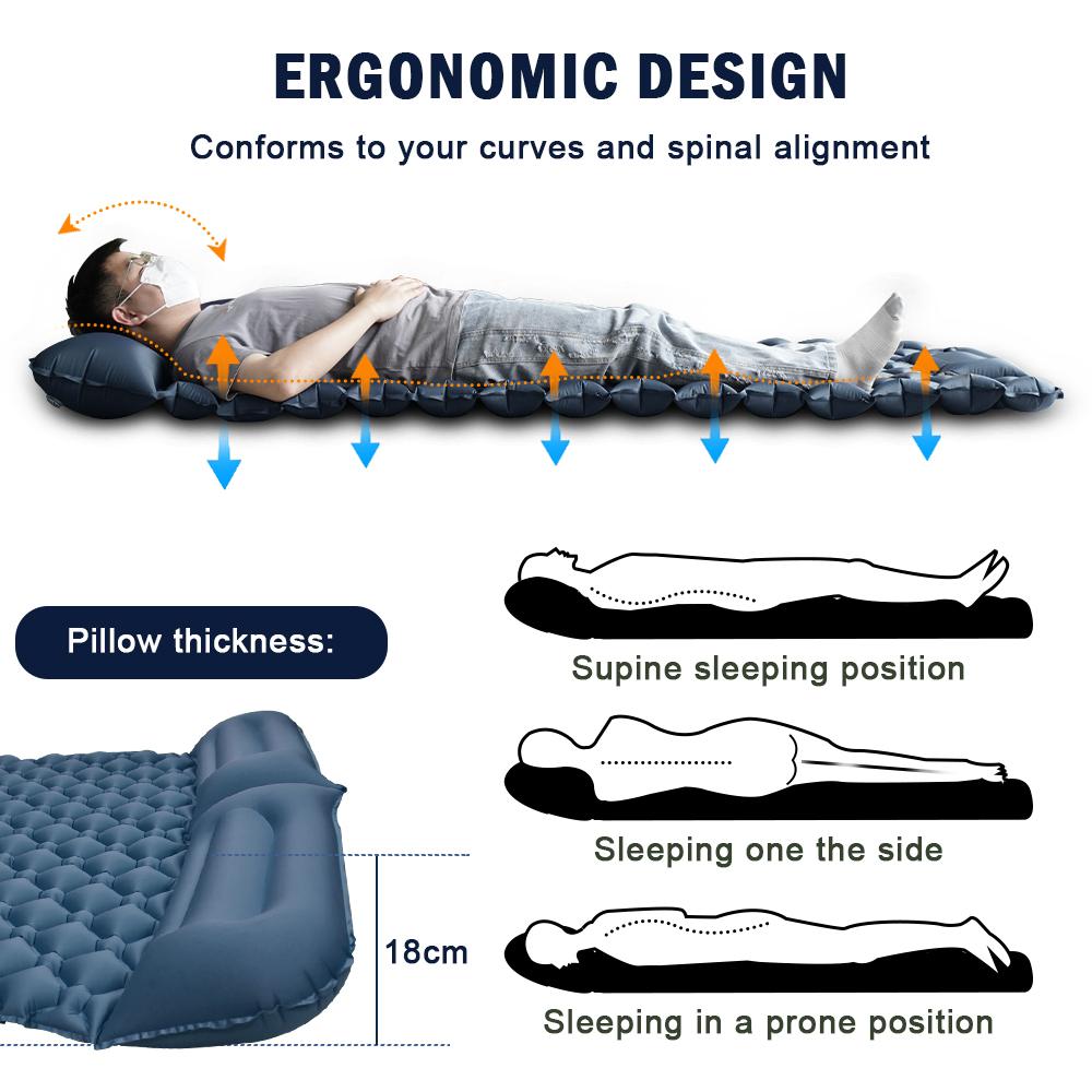 Double Sleeping Pad for Camping Inflatable Mattress with Pillow Outdoor Mat Travel Bed Cushion Built-in Pump 2 Person for Hiking