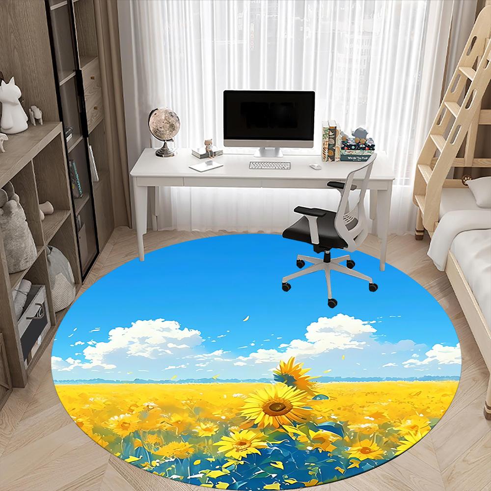1pc Sunflower Field Office Round Area Rug, Indoor Mat Suitable For Office, Under Office Chairs Bedroom Living Room Home Decor, Room Deco
