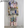 BITCED Women's Spring Elegant Commuter Print Lantern Sleeve Waist-cinched Full-skirted Dress