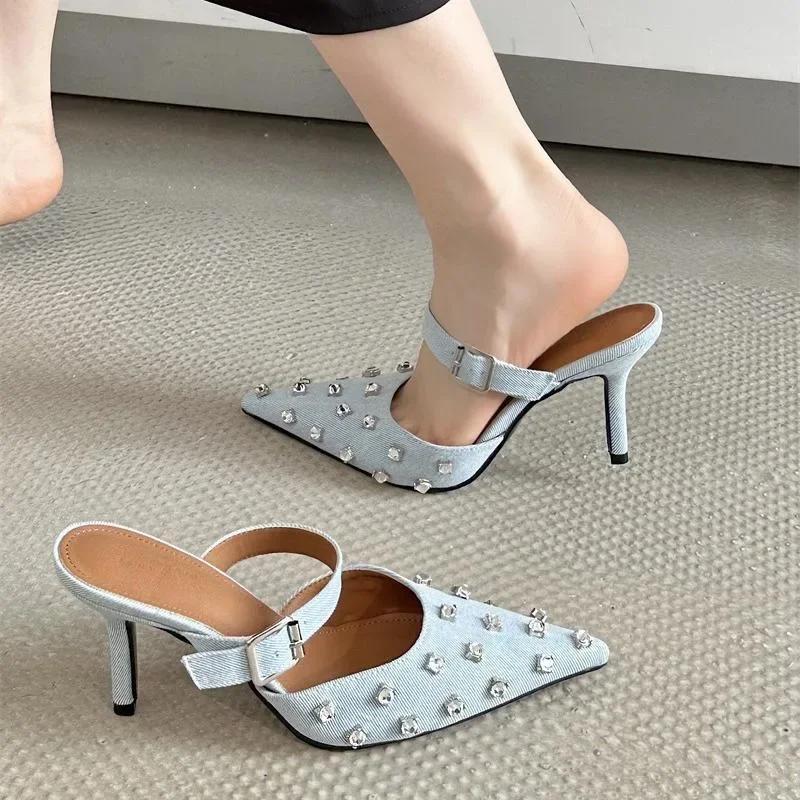 Fashion Newly Design Rivet Pointed Toe Women Pumps Sandals Sexy Buckle Strap Strippers Party High Heels Female Shoes Sandalias De Mujer