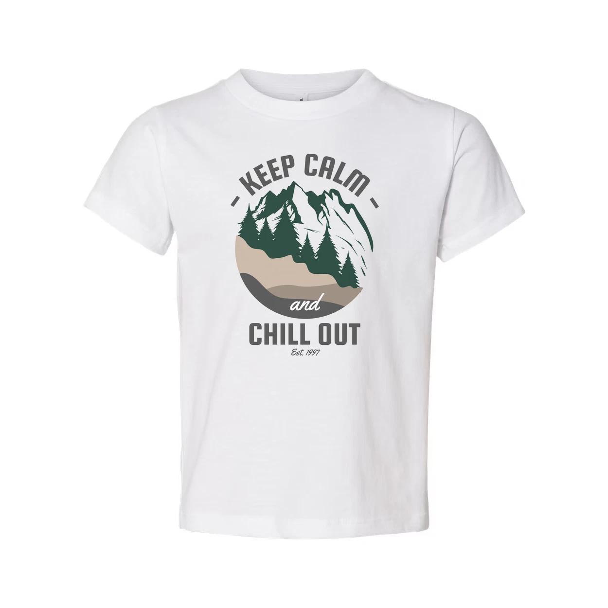 

Keep Calm And Chill Out Graphic Tee With Mountain Landscape And Forest Scene Pat 2XL