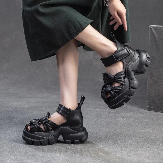 Johnature Sandale cu platformă din piele naturală, împletite confortabil, respirabile, retro, pantofi de damă