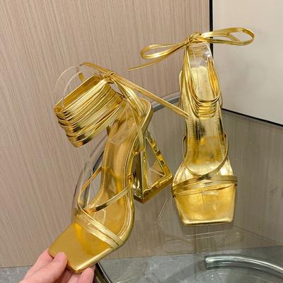 Moda Liyke Nuevo Estilo Chic Tacones Gruesos Triangulares Sandalias Gladiadoras Mujer Verano Sexy Calle Punta Cuadrada Atadas Cruzadas Vestido Fiesta Zapato Dorado