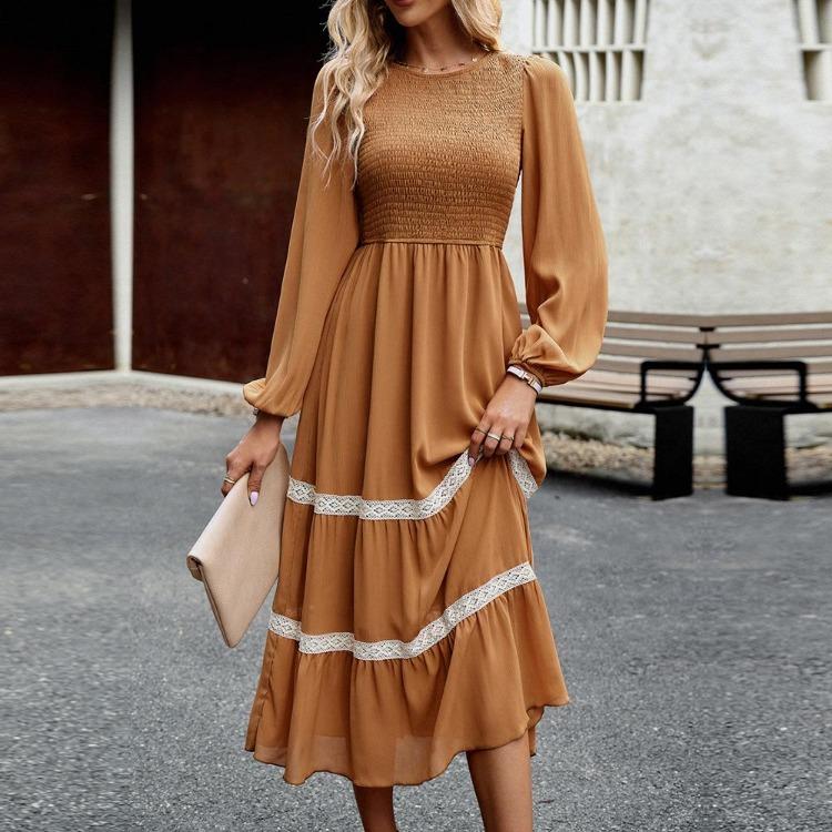 Elegante Vestido Largo para Mujer Cintura Alta Color Sólido Cuello O Manga Larga Otoño Invierno
