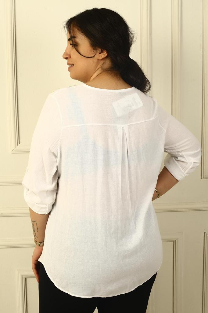 Front Round Embroidered Folded Sleeve Washed Linen Plus Size Shirt