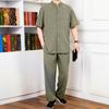2Pcs/Set Men Suit Stand Collar Short Sleeve Single Breasted Shirt Elastic Waist Long Pants Set Solid Color Loose Fit Leisure Outfit