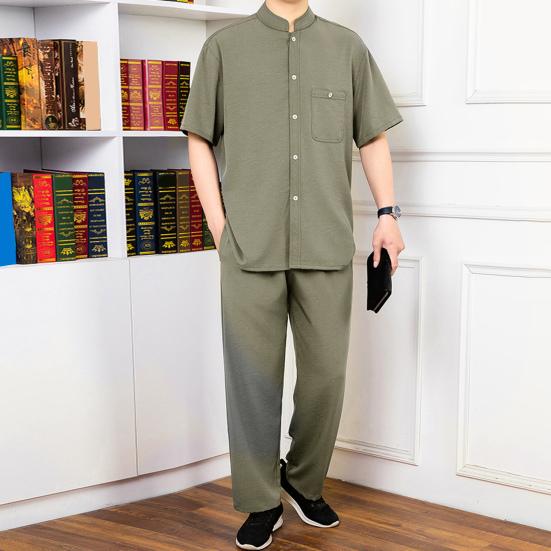 2Pcs/Set Men Suit Stand Collar Short Sleeve Single Breasted Shirt Elastic Waist Long Pants Set Solid Color Loose Fit Leisure Outfit