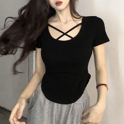 Pure Cotton U-neck Cross Short-sleeved T-shirt for Women In Spring and Summer  New Design Slim Fit Short Pure Style Top