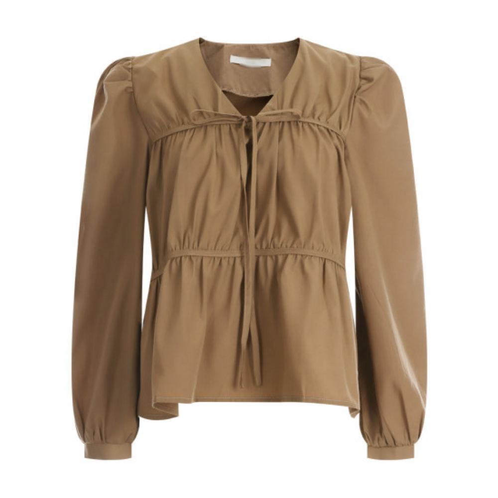 Shop   Women S 100  Cotton Ruffle Tie Puff Sleeve blouSe Brown Ean Wbl 12088