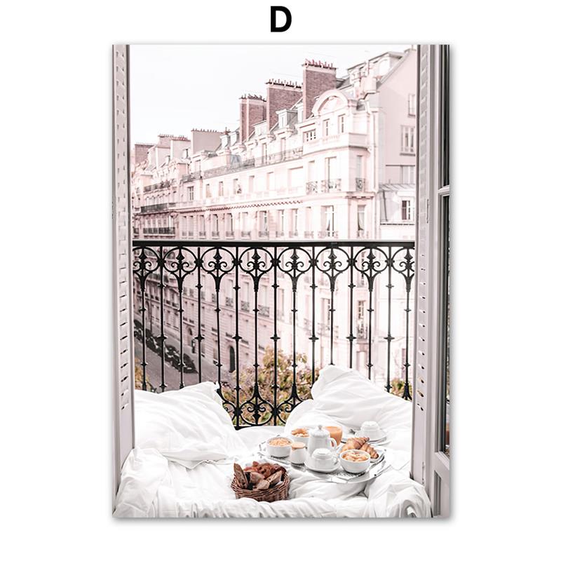 Wall Art Canvas Painting Pink Flowers Paris Windows Balcony Tower Nordic Prints And Posters Wall Pictures For Living Room Decor
