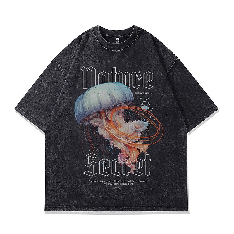 Heavy Cotton Short-Sleeved T-Shirt Men S High Street Vintage Printed Washed Vintage Top S