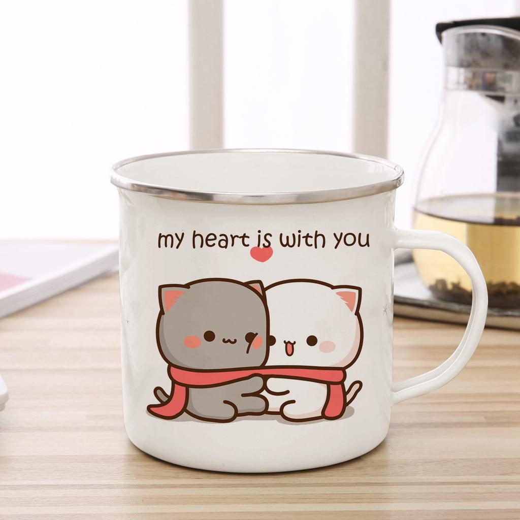 Nuovo gatto Peach e Goma Tazza smaltata Caffè Tazza da tè simpatico animale Colazione Dessert Tazza di acqua di latte regalo di coppia