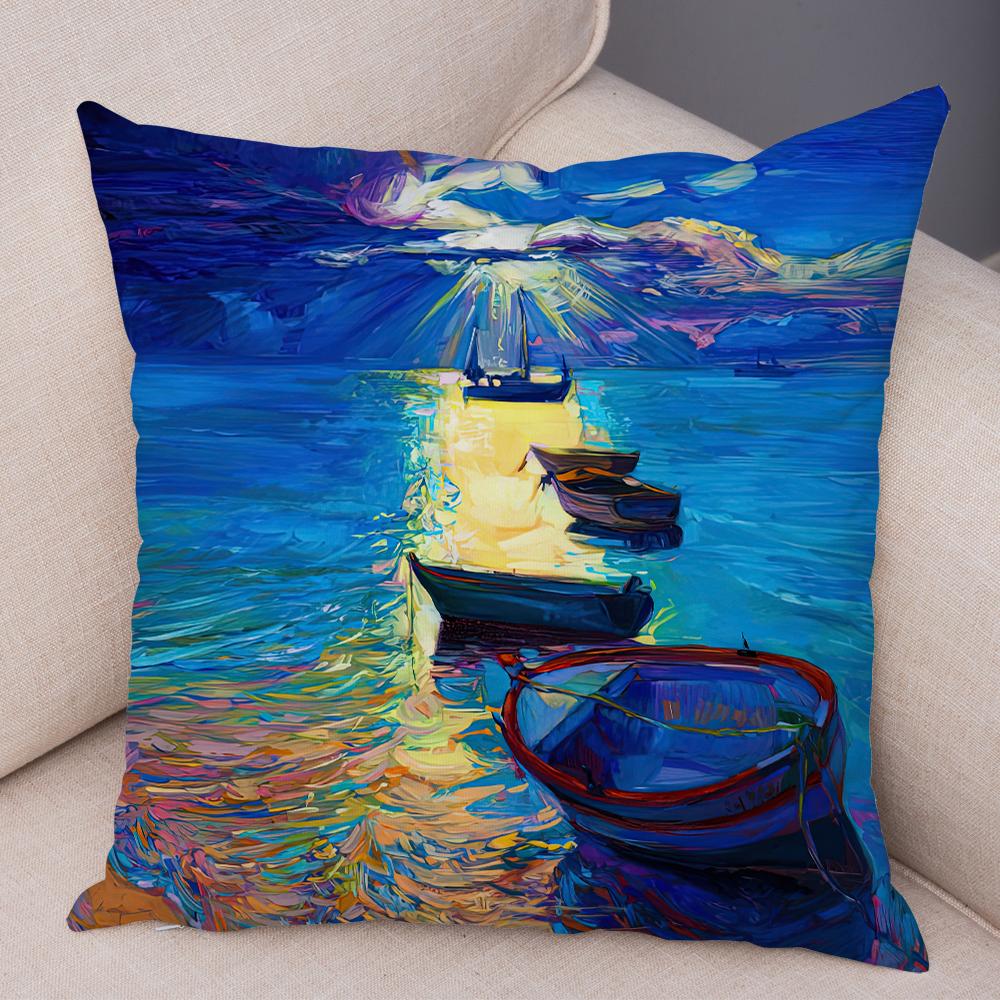 Federa Cuscino Stile Pittura ad Olio Paesaggio Colorato Barca Cavallo Stampa Floreale Lino Morbido Soggiorno Camera da Letto Casa Federa