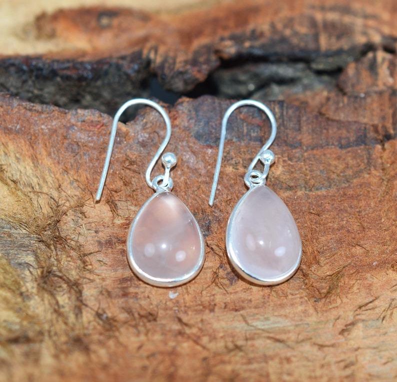 Solid 925 Sterling Silver Pear Rose Quartz Gemstone Handmade Dangle Earrings Gift For Her Bezel Earrings