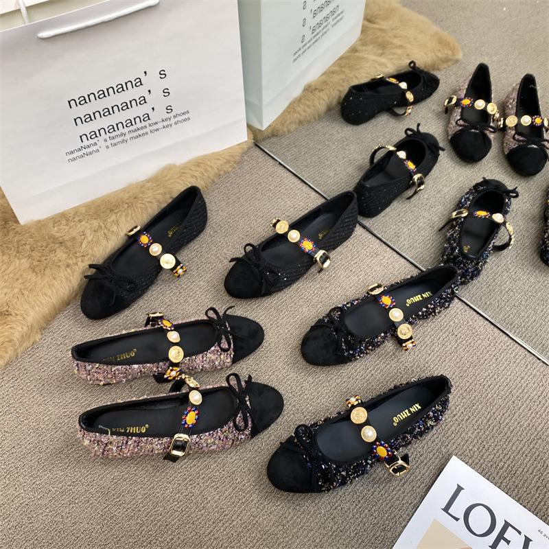 XINZHOU Tweed Color Matching Flat-bottomed Bow Single Shoes Women's 2025 One-word Buckle Pearl Light Mouth Mary Jane Shoes