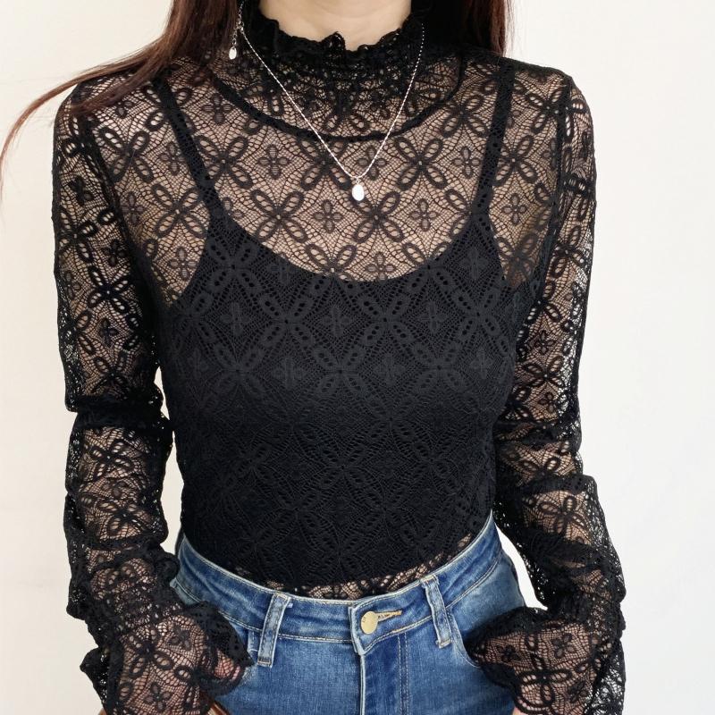 

Осенне-зимняя женская рубашка с полувысоким воротником и бархатной кружевной основой, облегающая рубашка с длинными рукавами M чёрный