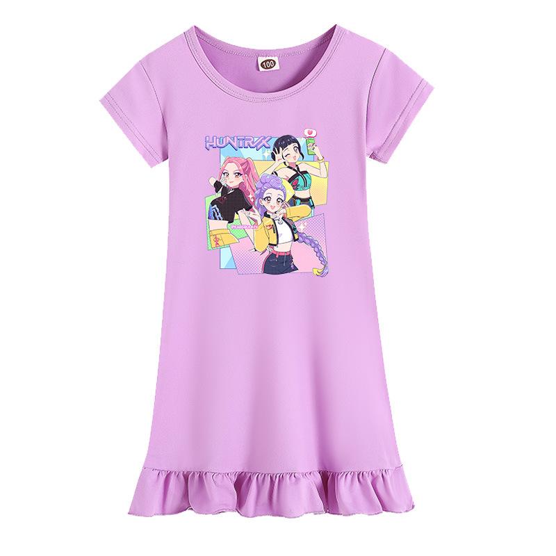 Kpop Demon Hunters K-POP Girls Ruffle Dress Short Sleeve Cartoon Print Kids Casual Sleepwear Toddler Girls Loungewear Children Clothing