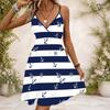 Women Plus Size V Neck Strappy Sleeveless Black White Gray Printed Gathered Waist Flared Hem Dress