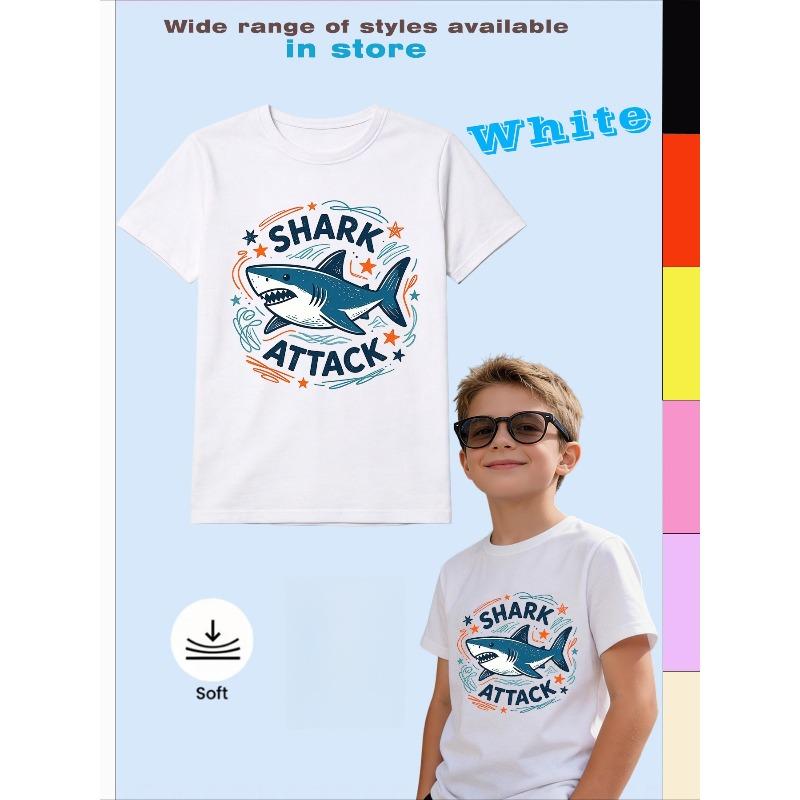 European sizes Cartoon Great White Shark Positioning Print Element Cool Style Boys  Short Sleeve Summer Cotton Casual T-Shirt 110 белый