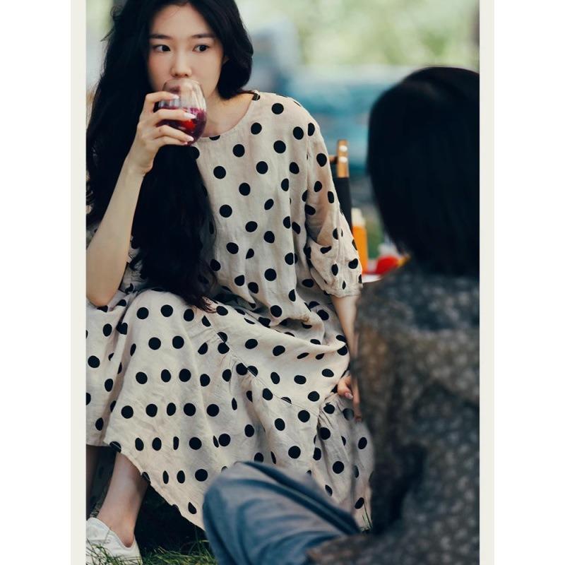 Summer New Literary Loose Cotton and Linen Polka Dot Round Neck Five-quarter Sleeve Dress Women's Medium and Long