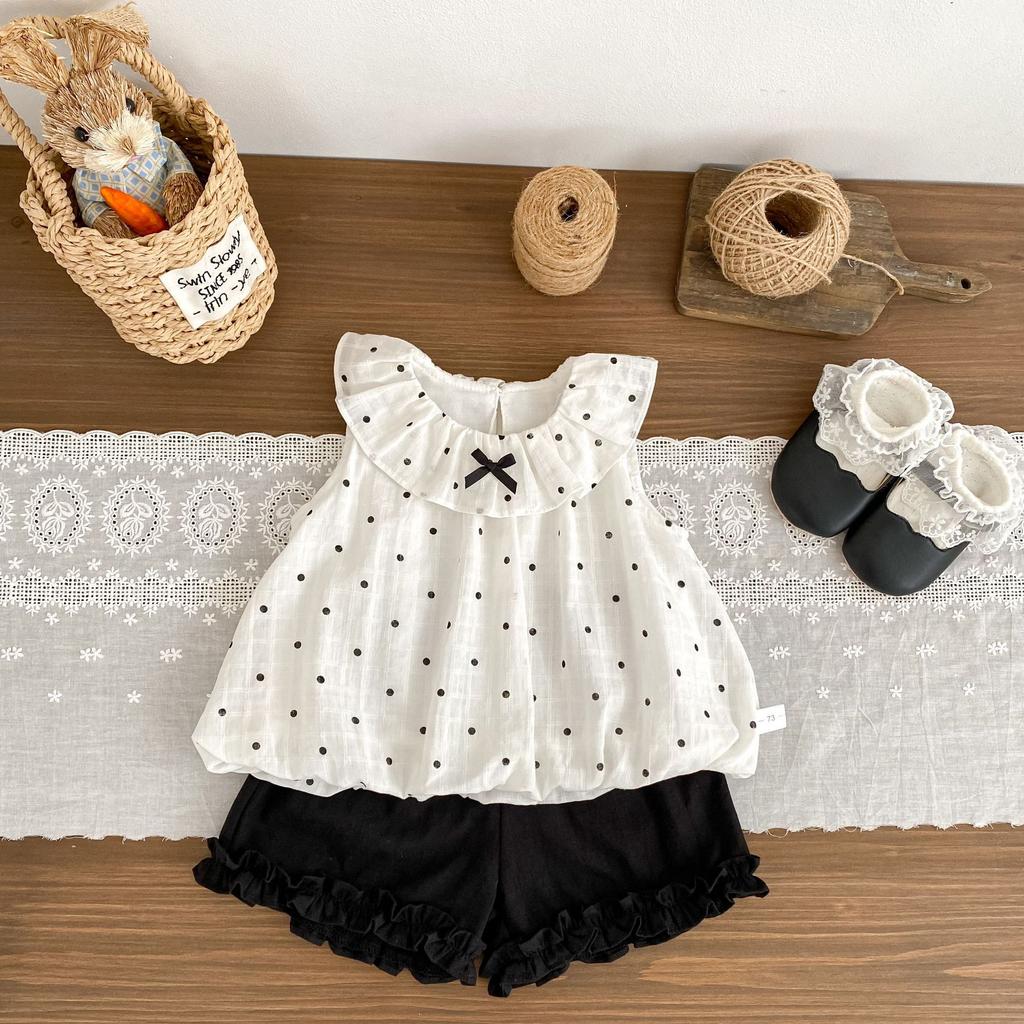 Mädchen Sommer Gepunktetes Trägertop und Shorts Set mit Schleife