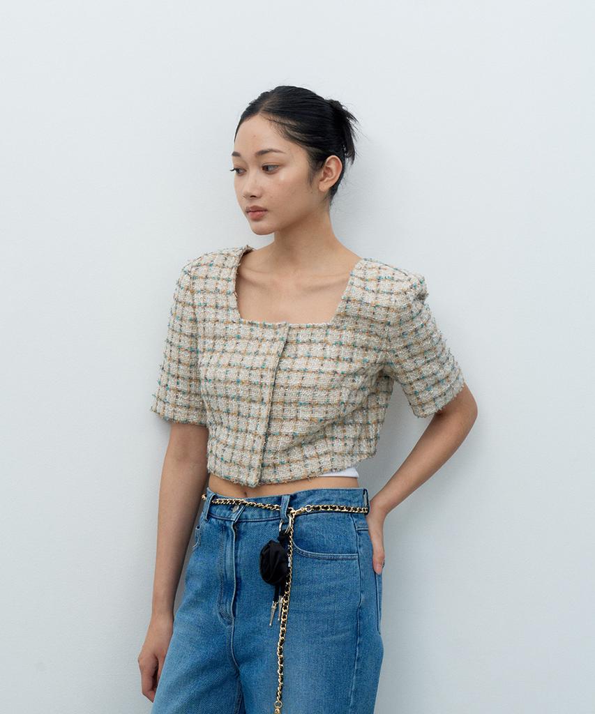 Make A Toast Square Neck Tweed Jacket Beige Mbesjk001Be