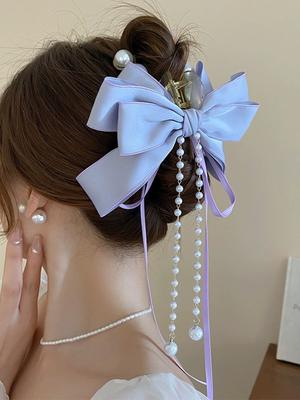 1 Pcs Fashion Sweet  Bow Pearl Tassel Chain Hair Claws For Women Girls Party Hair Accessories