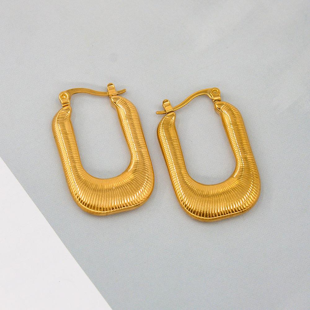 High-End Gold Striped Square Titanium Steel Earrings - French Retro Luxury Style