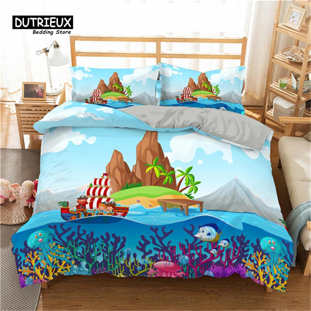 Cartoon Fish Dolphin Turtle Ocean Toddler Bedding Set For Kids Marine Themed Duvet Cover Microfiber Sea Creatures Quilt Cover
