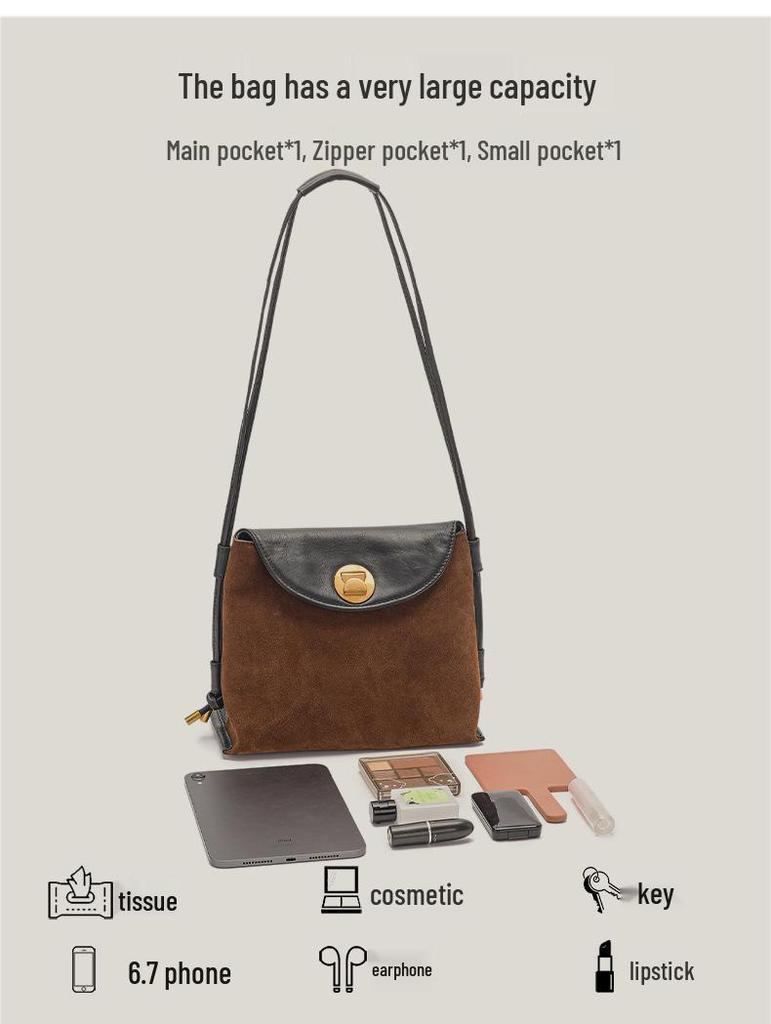 Women's Genuine Leather Suede Patchwork Crossbody Bag - Casual, Fashionable, Versatile Shoulder Bag