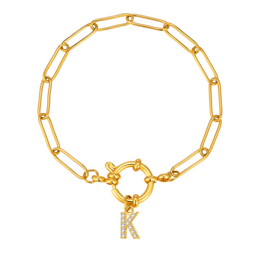Bubble Buckle Zircon Initial A-Z Charm Bracelet, Stainless Steel Square Chain Bracelet for Women, 26 Letters Alphabet Jewelry