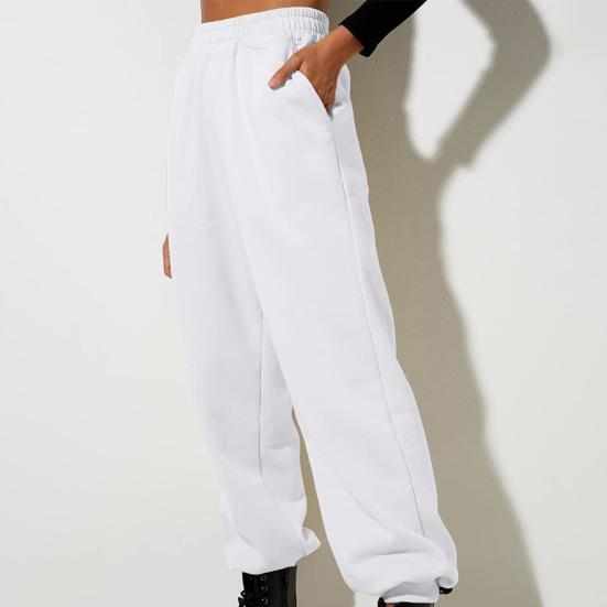 Women Pants High Elastic Waist Ankle-banded Solid Color Casual Soft Warm Pockets Loose Spring Fall Sweatpants Jogging Trousers