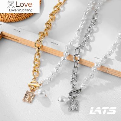 Punk Baroque Irregular Pearl Necklace For Women Asymmetric Lock Chain Choker Portrait Pendant  Trend Jewelry