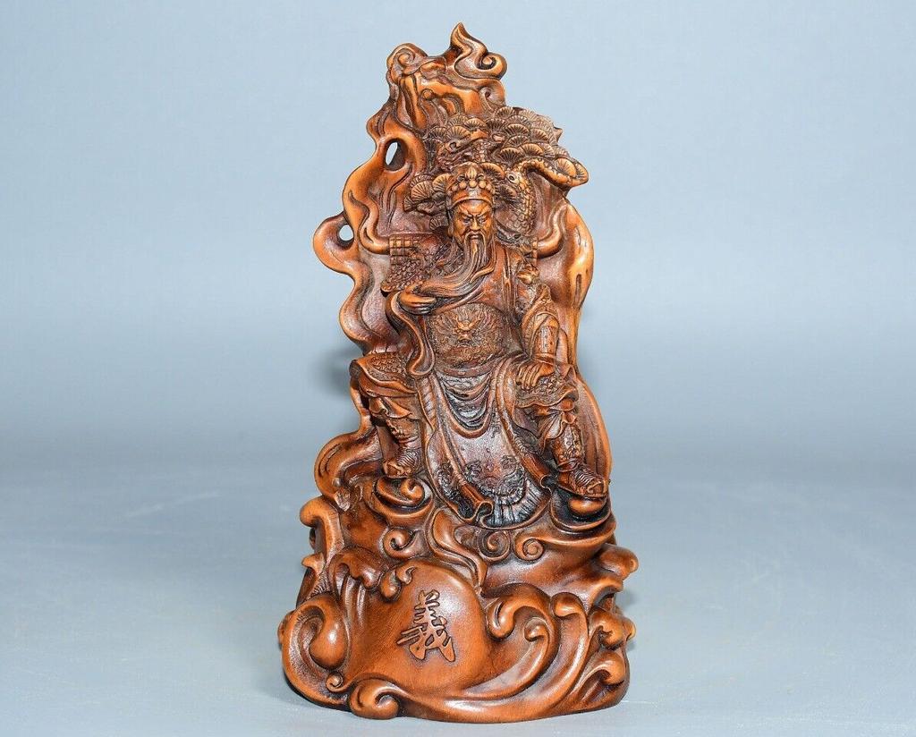Chinese Antique Vintage Wood Hand Carved Boxwood Guan Yu Figure Statue Sculpture