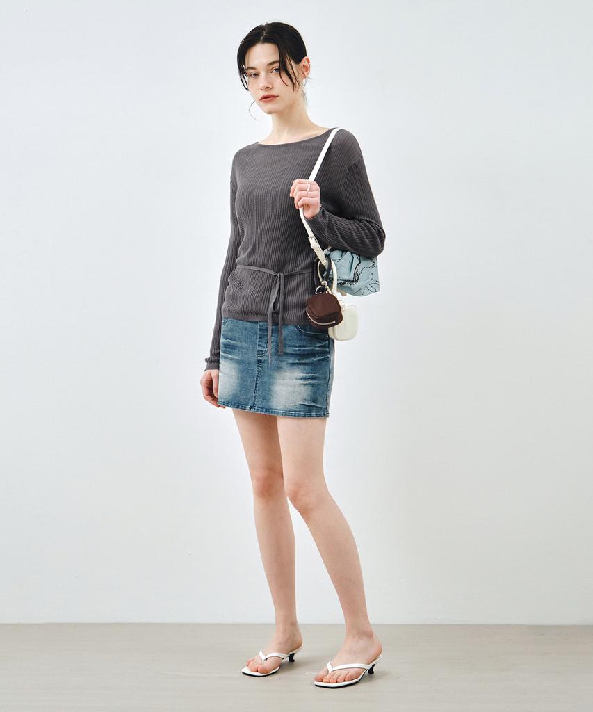 MONGDOL See-Through Lace-Up Knit Blouse Charcoal Mdbl009Charcoal