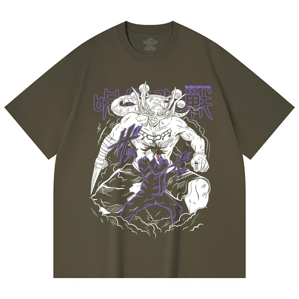 

230 Gsm 100% Cotton Jujutsu Kaisen V35 Mahoraga Print Unisex Heavy Cotton T Shirt S армія зелений колір