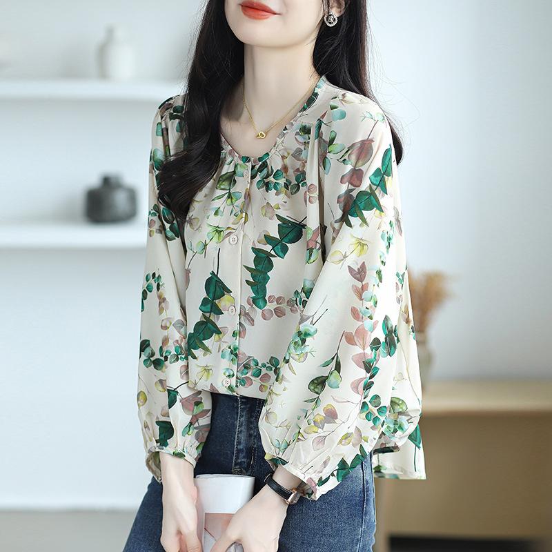 Round Necked Women's Long Sleeved Autumn Printed Shirt with Mulberry Print Top