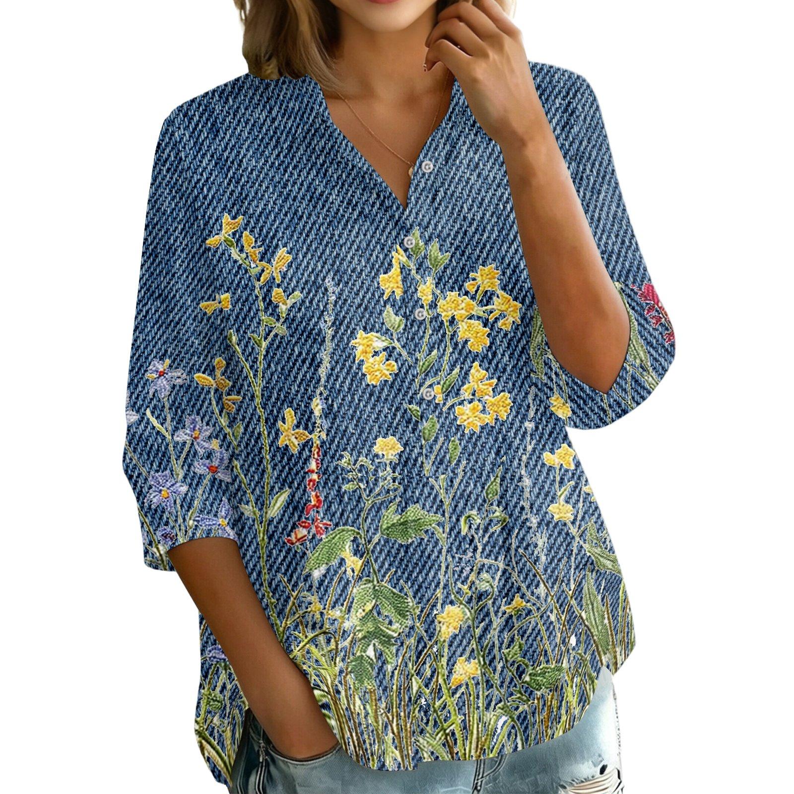 Women s Button Front Shirt Vintage Floral Print Three Quarter Sleeve Loose Fit Collar Top Casual Blouse L