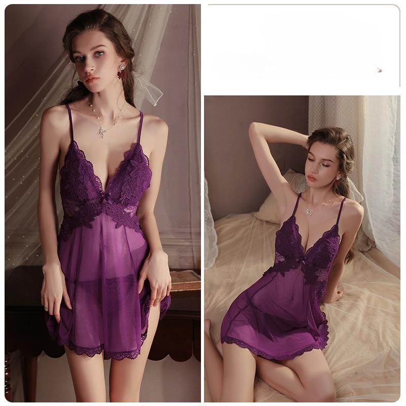 

Plus Size Women’s Sheer Mesh Lace Nightgown Sexy Embroidered Cami Sleep Dress and Thong XXXL фіолетовий