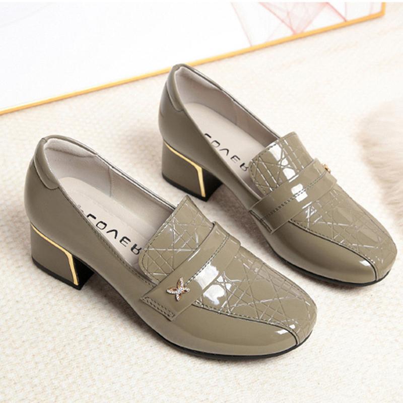 British Style Deep Mouth Block Heels Shoes Women Loafers Bright Leather Spring Autumn Office Mom Soft Leather Shoes