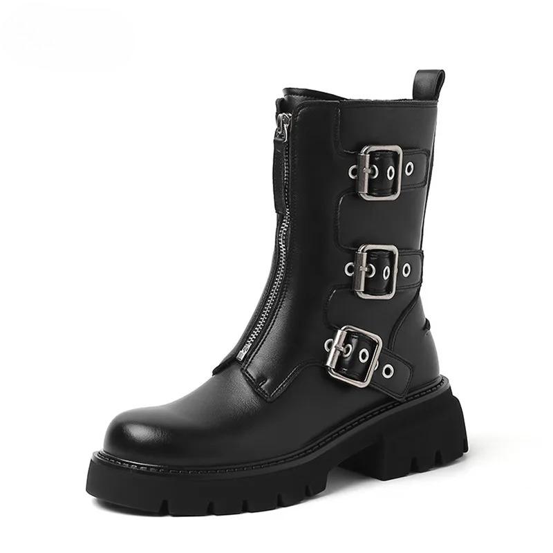 Fashion Rivet Belt Buckle Chunky Heeled Leather Ankle Boots Women Fall Winter Platform High Heels Punk Motorcycle Boots Shoes