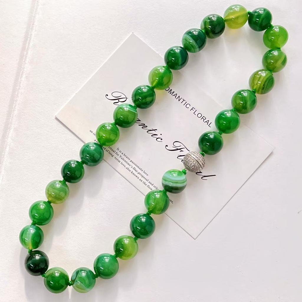 14Mm Vintage High Quality Natural Chalcedony Agate Necklace Clavicle Chain