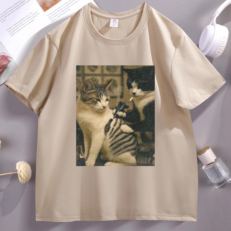 Tattoo Cat Meme T Shirt Casual Cotton Short Sleeve Graphic Tees Streetwear High Quality Casual Men's Clothes Y2k Streetwear